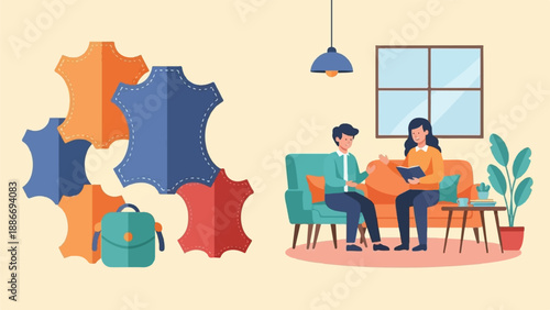 Two people converse on a sofa next to a window, with leather swatches