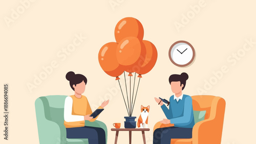 Two people converse seated in armchairs near a cat and balloons