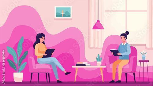 Two people conversing in a brightly lit, pink-toned room