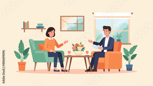 Two people conversing in comfortable armchairs in a well-decorated living room