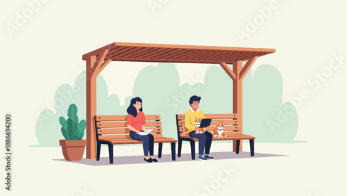 Two people and two dogs relax under a wooden pergola on a sunny day
