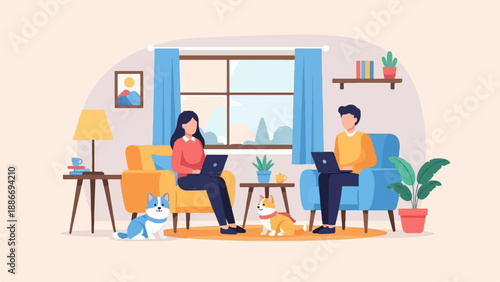 Two people and two dogs relaxing indoors using laptops