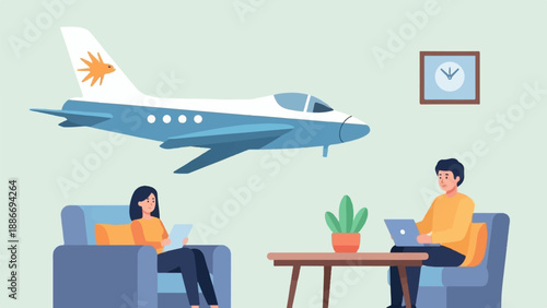 Two people are relaxing indoors while a blue airplane with a sun logo flies above