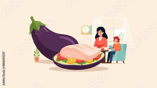 Two people are in a room, with a large eggplant and a sandwich