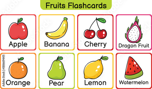 Printable fruits flashcards for kids set. Study and learning fruits. Education game