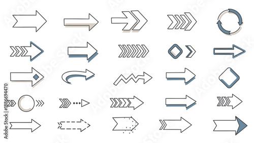 Collection of various arrow icons in different styles and directions on white background for design and navigation purposes