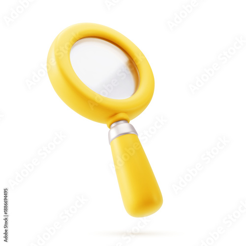 Yellow magnifier, magnifying glass with handle. Discovery, research, search, analysis concept. 3d vector icon. 