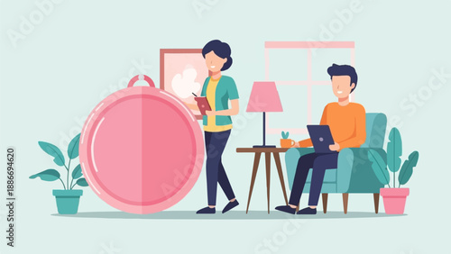 Two people collaborate and relax in a pastel-colored room with plants