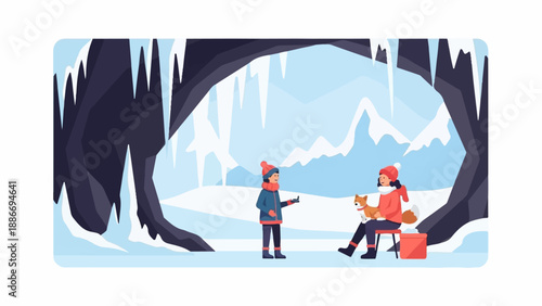 Two people and a dog in a snowy cave with ice formations and mountains