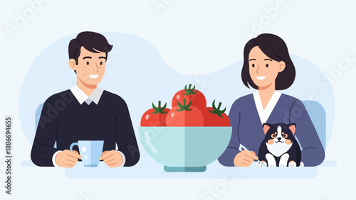 Two people and a small dog sit at a table with a bowl of tomatoes