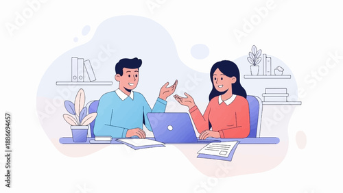 Two people collaborate at a desk with a laptop and plants