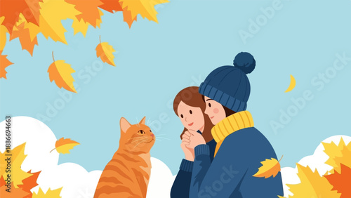 Two people and cat in autumn under falling leaves and crescent moon