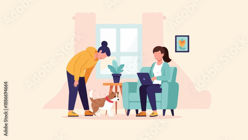 Two people and a dog interacting in a cozy living room setting