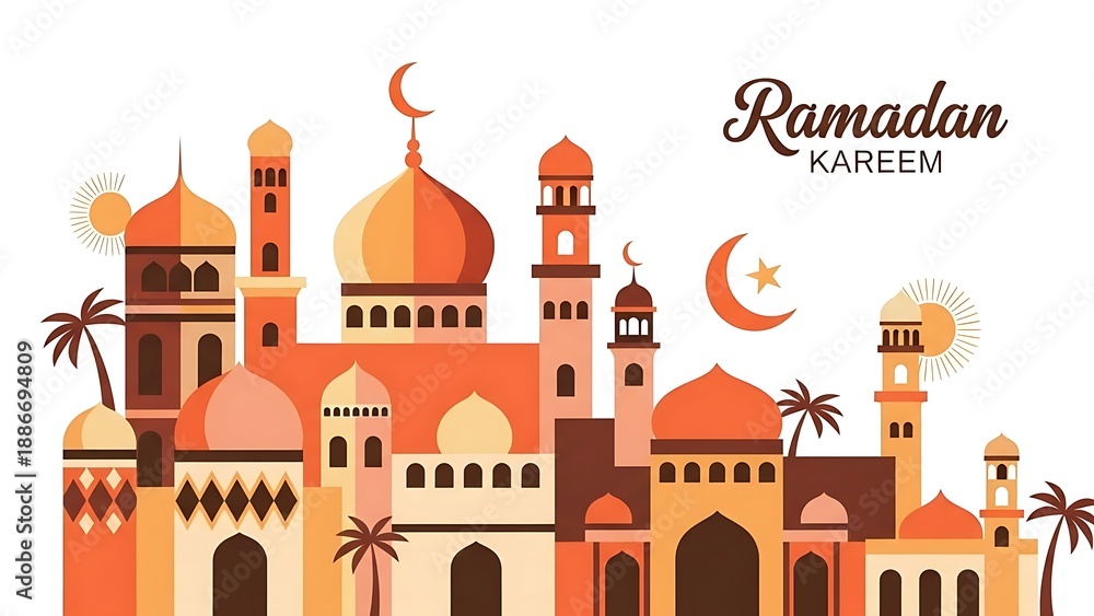 Fototapeta premium Ramadan Kareem Islamic Mosque City Illustration with Crescent Moon and Minarets