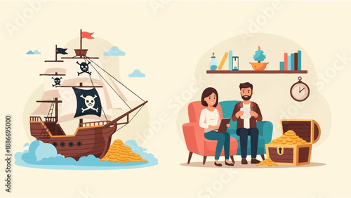 Two contrasting scenes a pirate ship with treasure and a couple in a cozy room with a treasure chest