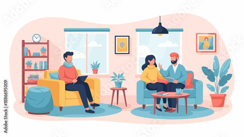 Two conversations happening simultaneously in a cozy living room setting