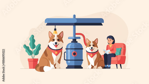 Two corgis sit with a person reading in a chair