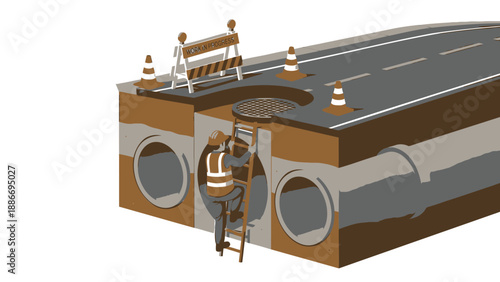 Worker in safety vest repairs underground tunnel beneath road construction site with traffic cones