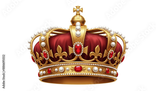 Realistic royal gold crown with red jewels 3D vector illustration