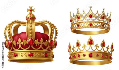 King and queen gold crown icons set with royal jewels vector