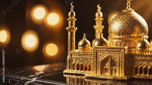Golden miniature mosque with intricate details on a reflective surface against a blurred Ramadan background gradient with warm lights.