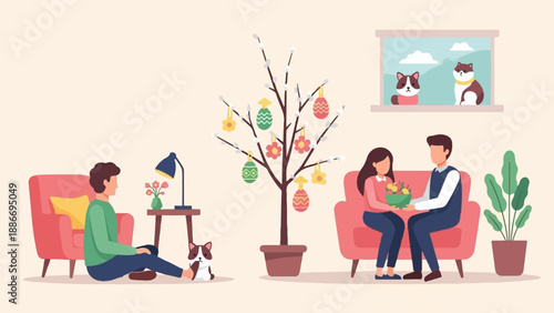 Two couples and their pets relaxing in a cozy room with a decorative tree
