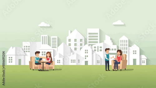 Two couples relax on sofas with tablets in a cartoon cityscape