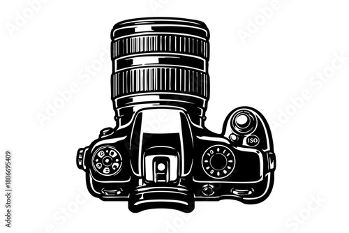 Top-down view of a camera showing lens barrel and control dials