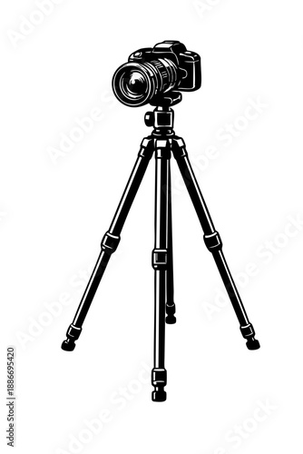 Tripod-mounted camera illustration, clean geometric proportions