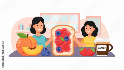 Two girls share a slice of toast with jam and berries, plus fruit and coffee