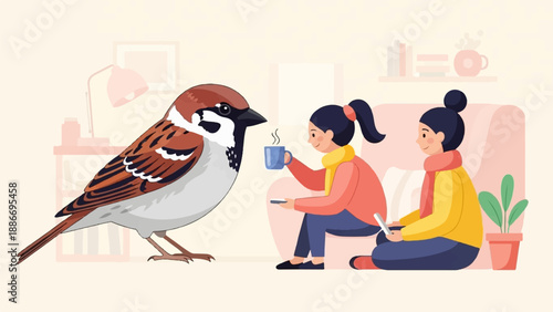 Two girls sit indoors with a large sparrow and a potted plant, enjoying beverages