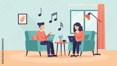 Two people collaborate on laptops in a cozy room with music notes