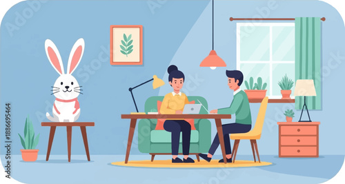 Two people collaborating at a desk with a bunny nearby