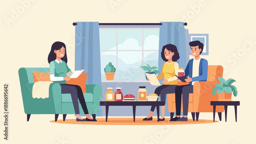 Three people on couches in a living room with a table of food items