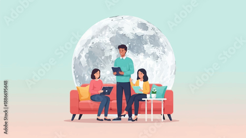 Three people on a couch with a giant moon in the background, discussing work
