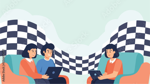 Three people on couches with laptops, checkered flags in background