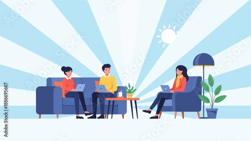 Three people on couches with laptops, in a bright, sunlit room