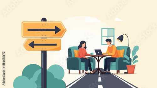 Two people collaborating on a laptop at a table, with a directional signpost nearby