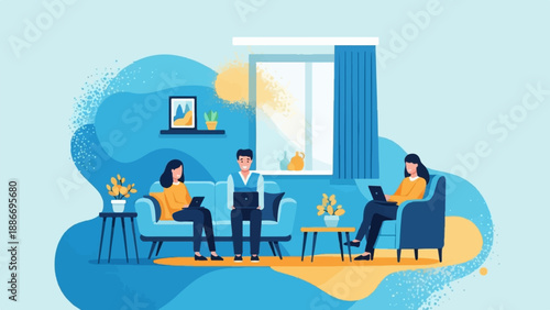 Three people on sofa and armchair using laptops at home