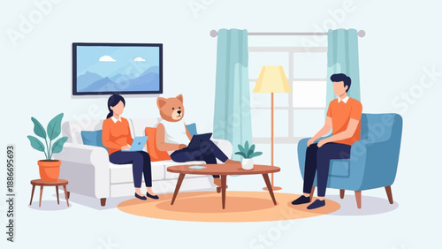 Three people, one a bear, relax and use laptops in a living room