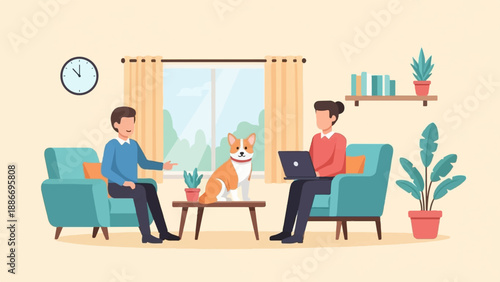 Two people and a dog relax in a cozy living room with houseplants