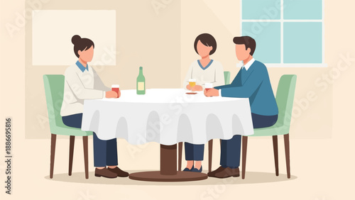 Three people seated at a dining table with drinks and a bottle on a white tablecloth