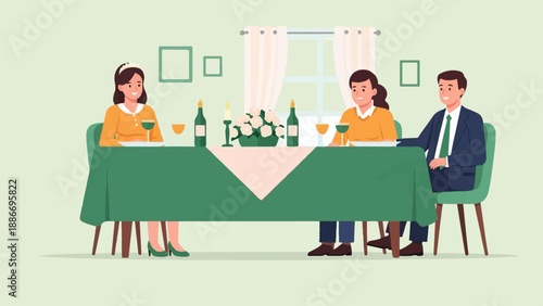 Three people sit at a green-clothed table with wine and flowers