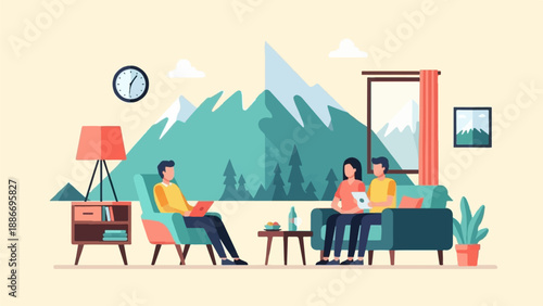 Three people relaxing indoors with a mountain landscape visible through a window