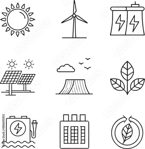 Renewable Energy And Eco Icons Set Featuring Sun, Wind, Solar Panels, Water, Plants and Recycling