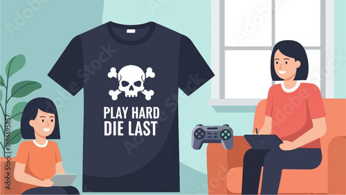 Two girls with gaming accessories and a skull t-shirt