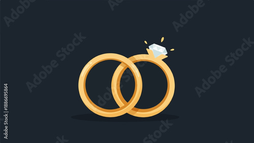Two gold rings, one with a diamond, interlaced on a dark background