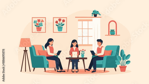 Three people sit in an office with a lamp, plants, and artwork