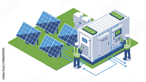 Solar panel system with engineers installing and maintaining renewable energy technology infrastructure