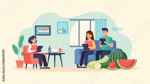 Three people sitting and looking at tablets, with fruit and vegetables